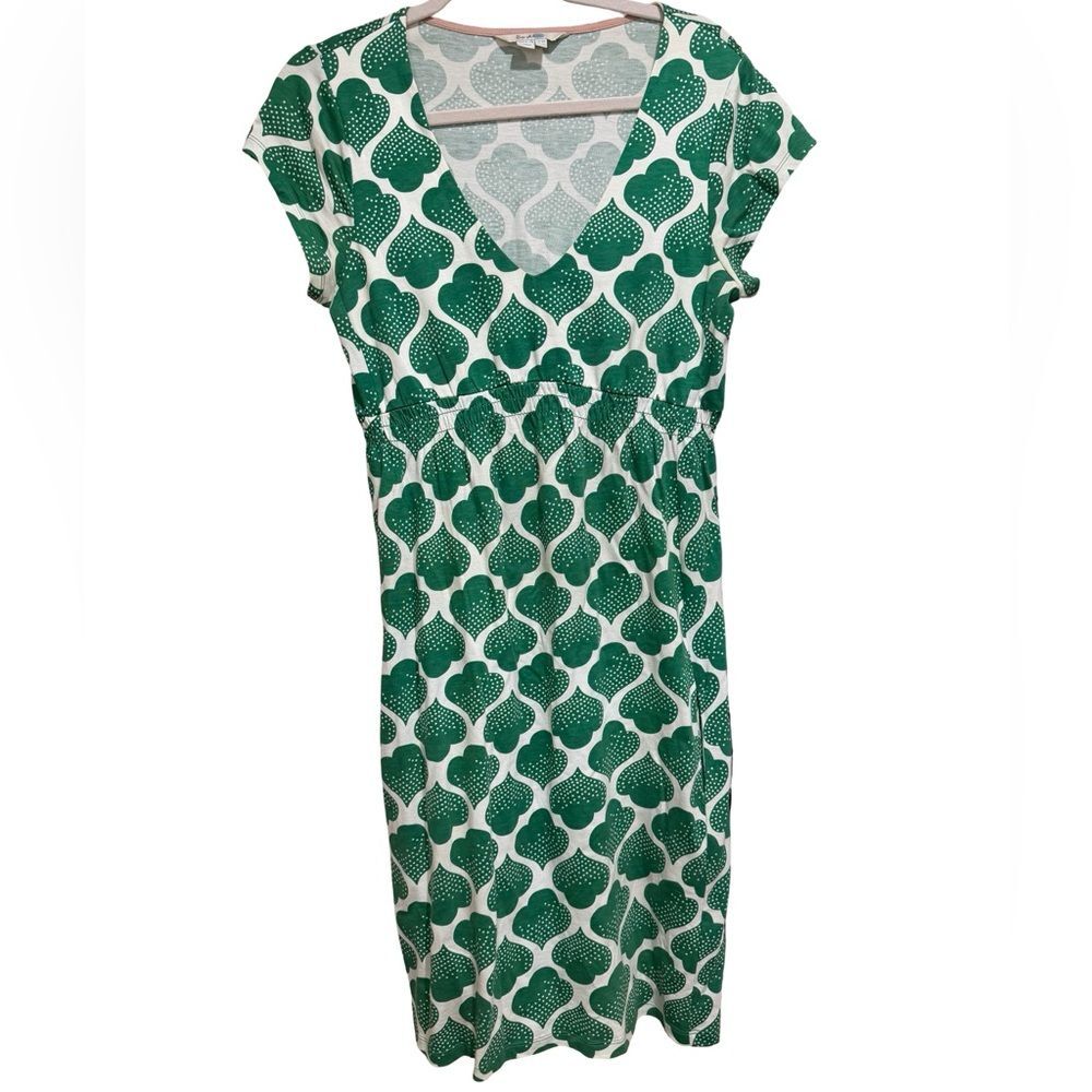 Boden Women’s‎ Green & White Print Midi Dress Size 6L Cap Sleeve V-Neck